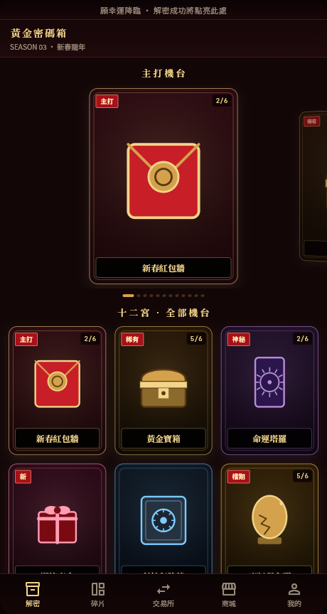黃金密碼箱 App 首頁：十二宮主題機台與主打輪播